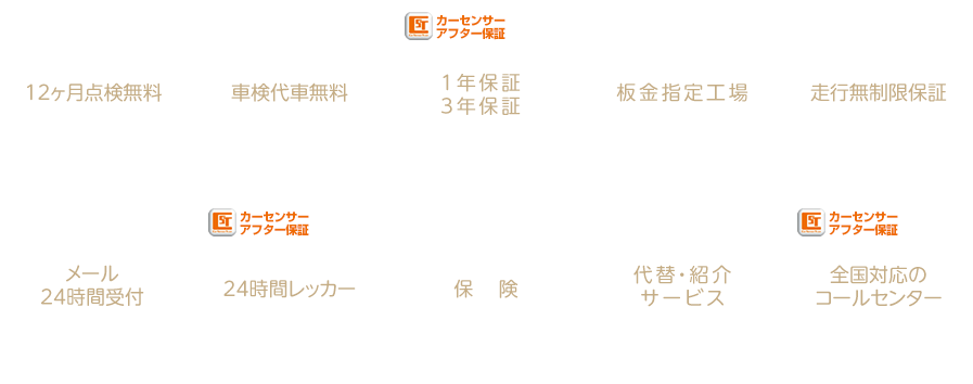 12か月点検無料、車検代車無料、1年保証・3年保証、板金指定工場、走行無制限保証、メール24時間受付、カーセンサーアフター保証：24時間レッカー、保険、代替・紹介サービス、カーセンサーアフター保証：全国対応のコールセンター